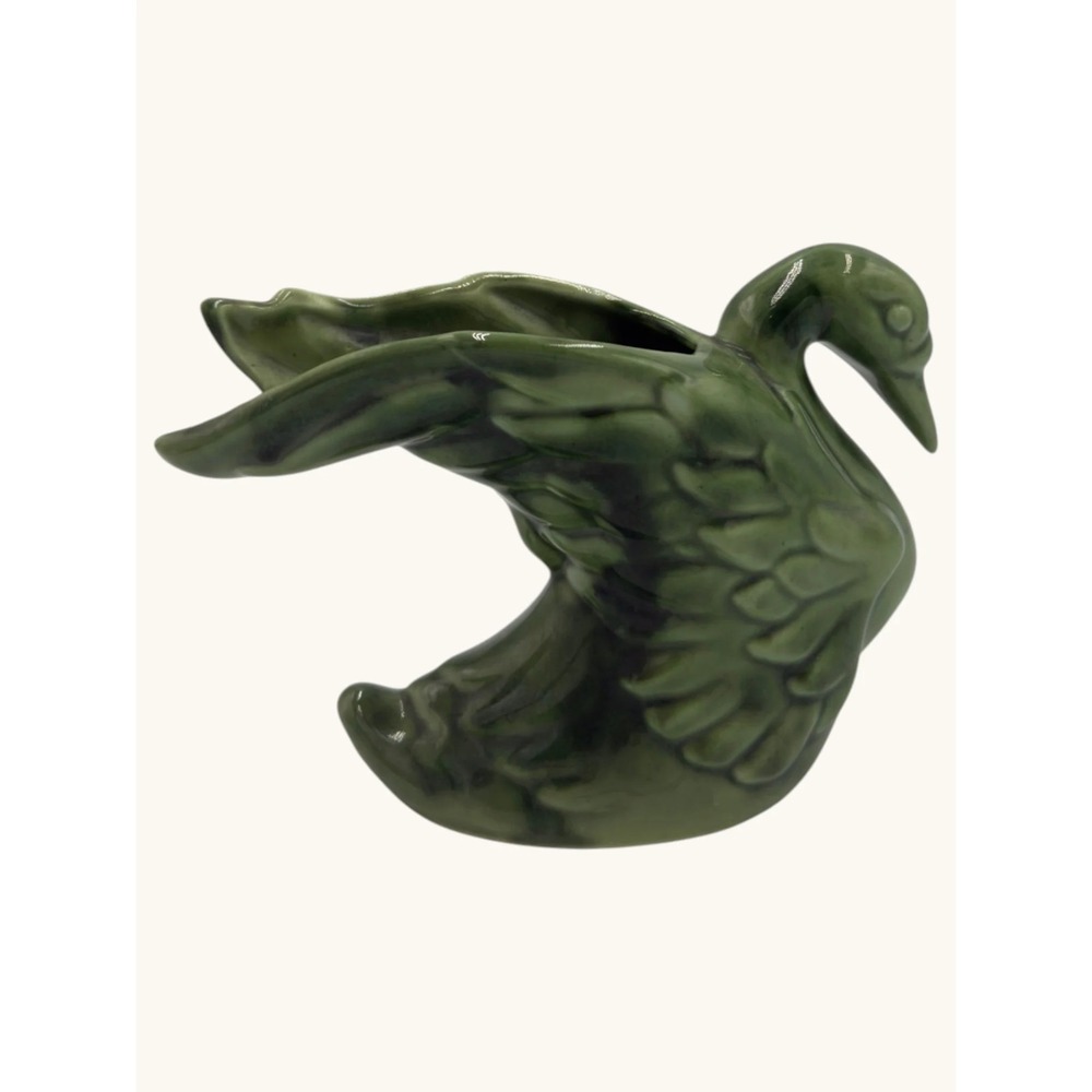 Vintage Royal Hickman Florida Green Drip Glaze Ceramic Swan Planter Figurine